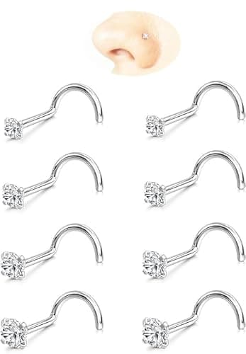 Nose Rings Studs: 8Pcs 20G Silver 316L Surgical Stainless Steel Nose Studs Hypoallergenic Corkscrew Nose Piercing Stud Jewelry for Women Men Clear Cubic Zirconia Imitation Diamond 1.5mm 2mm 2.5mm 3mm