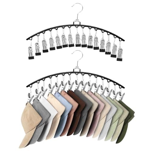 Hat Organizer for Baseball Caps - 2 Pack Metal Hat Hangers for Closet Storage w/15 Clips Holds 30 Hats - Hat Rack - Hat Holder for All Caps - Gifts for Men & Women