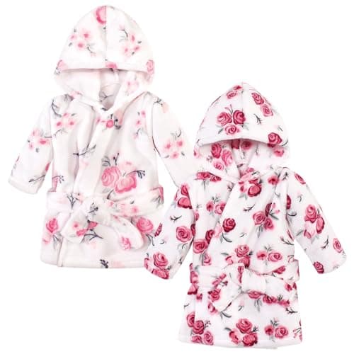 Hudson Baby Unisex Baby 2Pc Plush Animal Face Bathrobe, Pink Floral Rose, 0-9 Months