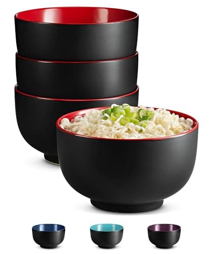 KooK Ramen Bowl, Japanese Bowls, Noodle Bowls, Large Soup Bowl, Ceramic, Large Capacity, For Ramen, Pho, Udon, Soba, Microwave and Dishwasher Safe, 34 oz, Set of 4 (Black/Red)