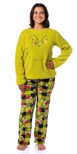 The Grinch Pajama Set Dr. Seuss Women's The Grinch Santa Fleece Buffalo Plaid Sleep Pajama 2 Piece Set Lounge (Small)