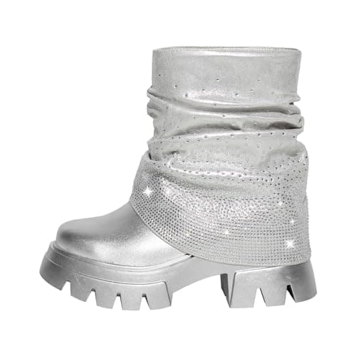 MissHeel Silver Metallic Platform Boots for Women Rhinestone Fold Over Boots Slouchy Silver Platform Combat Boots Size 8