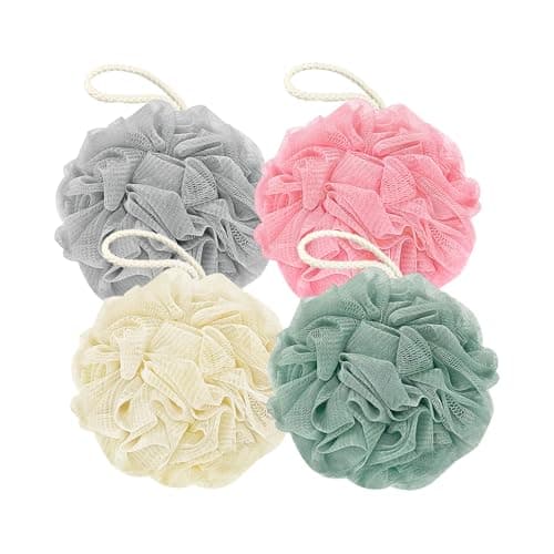 Rnoafmu Shower Loofah Bath Sponge, 60G Loofah Exfoliating Body Scrubber, 4 Color Mesh Shower Pouf Balls for Body Wash (Ice Cream)