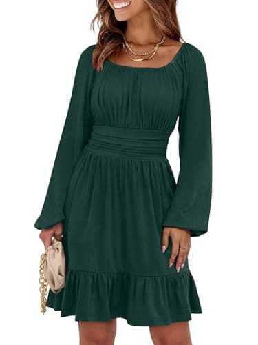 ANRABESS Womens Dress Long Lantern Sleeve Square Neck Elastic Waist Ruffle Flowy Swing A-Line Short Dresses 2025 Fall Fashion Deep Green Medium