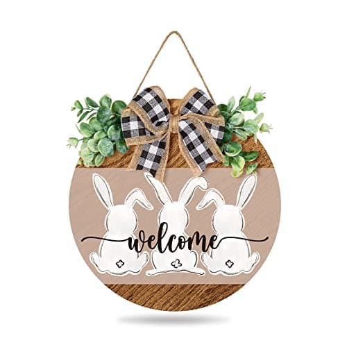 Whaline Easter Wooden Hanging Sign Bunny Rabbit Welcome Sign Door Decoration with Bow Rustic Easter Wood Wreath Sign for Spring Holiday Home Coffee Shop Bakery Farmhouse Window