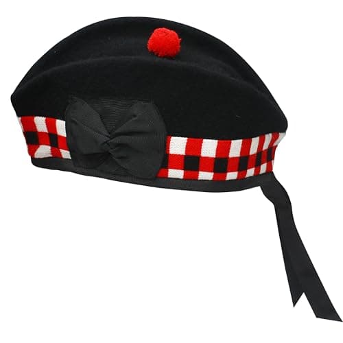 UMAM Glengarry Cap - Traditional Scottish Hat, 100% Wool, Acrylic Wool Tartan, Wool Kilts/Bagpipes Accessories, Polyester Cotton Ribbon (7 3/4 (62 UK), Black & Red Diced)