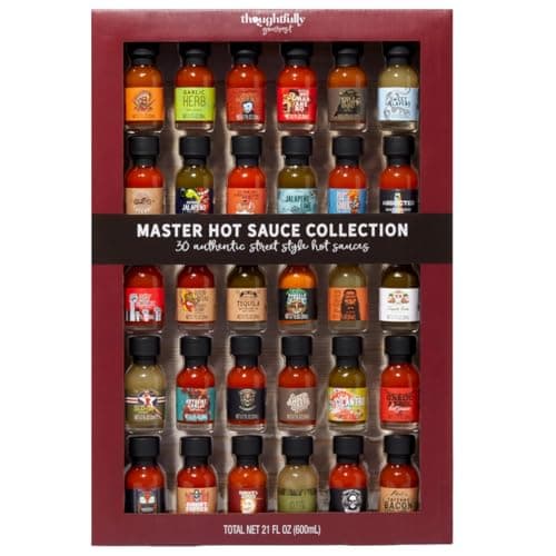 Thoughtfully Gourmet, Master Hot Sauce Collection Sampler Set, Flavors Include Garlic Herb, Apple Whiskey and More, Hot Sauce Gift Set of 30