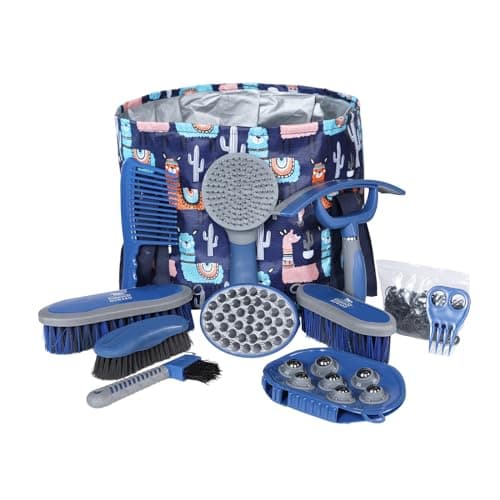 Harrison Howard Horse Grooming Kit 9-Piece Equine Care Series Horse Brush Sets with Organizer Tote Bag Tack Room Supplies Shedding Grooming Massaging Tools NAVY