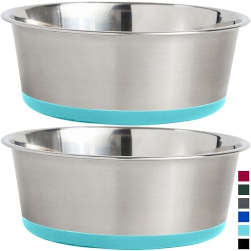 GORILLA GRIP Set of 2 Dog Bowls, Heavy Duty Metal Food and Water Bowl for Feeding Dogs and Cat, Dishwasher Safe, Rust Resistant Stainless Steel, BPA Free Rubber Base, Holds 2 Cups (16 fl oz) Turquoise