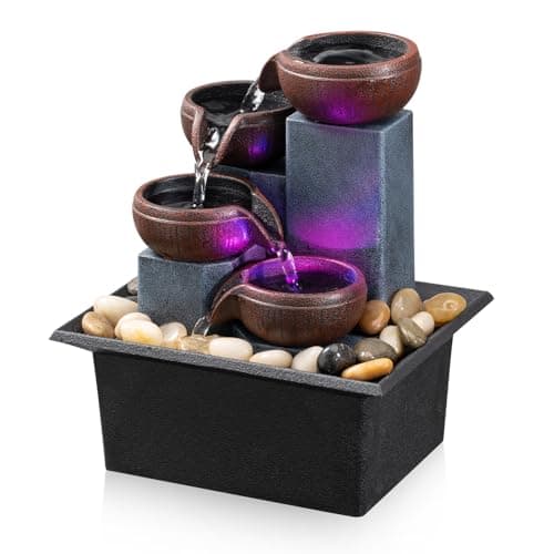 Tabletop Fountain 4 Level Small Waterfall Fountain Indoor Relaxing Water Feature Meditation Fountain for Home Office Bedroom Decoration Including LED Color Lighting and Natural Rocks