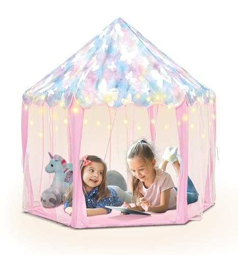 Heyu! Fairyland Fort Playhouse Play Tent with Star Lights Indoor and Outdoor Toys, Kids Butterfly Princess Castle for Children Gifts