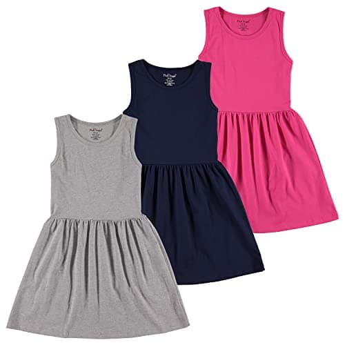 Pink Angel 3-Pack Little Girls' Dresses, Kids Casual Fit and Flare Sleeveless Cotton Summer Dress, Grey/Navy/Fuchsia, Large/6