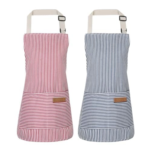 XLSXEXCL 2 Pack Stripes Kids Apron, Kids Cooking Aprons with 2 Pockets, Cute Kids Aprons for Cooking for Boys and Girls Adjustable Chef Baking Aprons Artist Apron for Cooking, Cleaning, Painting