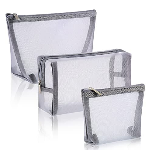 Boao 3 Piece Mesh Cosmetic Bag Mesh Makeup Bag with Zipper Pouch Travel Toiletry for Makeup Organizer Home Office Travel Accessories(Grey)