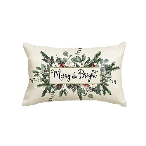 AVOIN colorlife Christmas Merry & Bright Eucalyptus Mistletoe Throw Pillow Cover, 12 x 20 Inch Winter Holiday Cushion Case Decoration for Sofa Couch