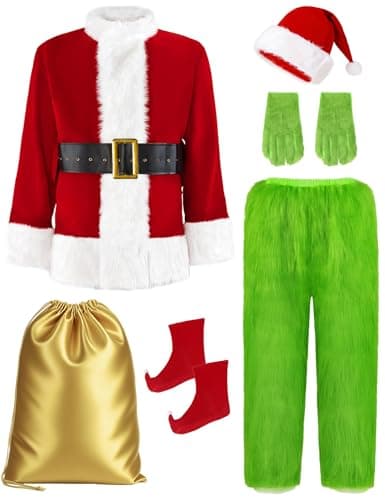 Blafly Christmas Costume for Men Santa Suit Adult 8PCS Deluxe Professional Furry Green Giant Monster for Halloween Xmas Outfit Holiday Cosplay Set XL