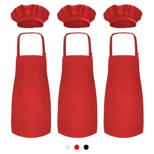 Novelty Place Kids Apron with Chef Hat Set (3 Set) - Children’s Bib with Pocket Skin-friendly Fabrics - Cooking, Baking, Painting, Training Wear - Kid's Size (6-12 Year, Red)