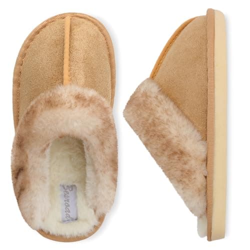 Besroad Kids Furry Slides Girls Boys House Slippers Warm Bedroom Slippers Cozy Memory Foam Plush Shoes Non-Slip Indoor Outdoor Gold Big Kid 1-2