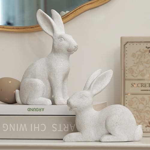 White Frosted Resin Bunny Figurines Set of 2, Rabbit Statues Indoor Easter Decorations for Spring Home Decor, Decorative Easter Bunny Ornaments for Table Centerpiece Living Room Decor