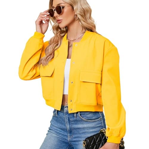 Zando Short Bomber Jacket Women Crop Jacket Button Down Bomber Jackets with Pockets Casual Jackets for Women Yellow Jacket Women Baseball Jacket Long Sleeve Varsity Jacket Outwear Ladies Jackets M