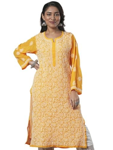 Ada Indian Hand Embroidered Chikankari Yellow Georgette Kurta Kurti Tunic for Women A95504 (L)