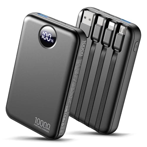 HAIARA Portable Charger 10000mAh Power Bank with 4 Built-in Cables,LED Display Compact and Battery Pack with Multiple USB Ports All-in-One Travel Charger for iPhone,Android and Other Devices-Black