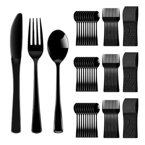 ALEXPRE 300 Pack Black Disposable Plastic Silverware Heavy Duty,Black Plastic Cutlery Set,Plastic Forks and Spoons Knives Set,Plastic Utensils Set for Birthday Party Prom Night,Weddings,Halloween