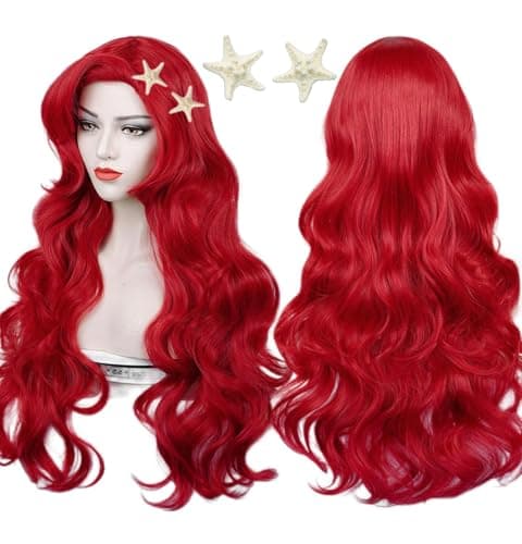 Red Curly Wig, Max Beauty Red Mermaid Cosplay Wigs for Woman with Starfish Hair Clips, Adult Long Hair Daily Wig Heat Resistant Synthetic Fiber for Halloween for Cosplay for Christmas (Red 1)
