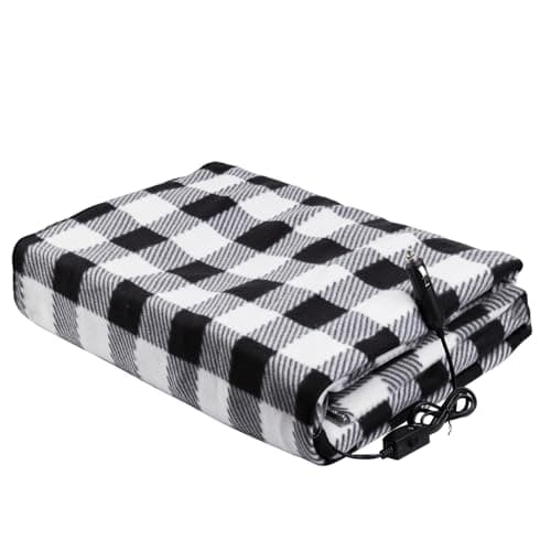 Qeoval Car Heated Blanket with On/Off Switch, 12v Electric Blanket for Car, Truck, SUV, or RV Portable Heating Blanket for Road Trip, Camping, Travel - 59" x 40" (Black Plaid)