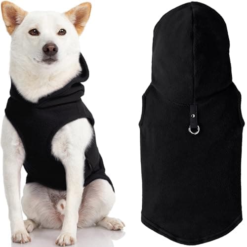 Gooby Fleece Vest Hoodie Dog Sweater - Black, Medium - Warm Pullover Dog Hoodie with O-Ring Leash - Winter Hooded Small Dog Sweater - Dog Clothes for Small Dogs Boy or Girl, and Medium Dogs