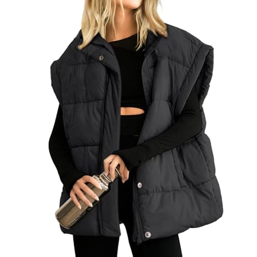 Songling Womens Oversized Puffer Vest Stand Collar Full Zip Sleeveless Bubble Puffer Vest Quilted Padded Warm Coat Outwear (Black,S)