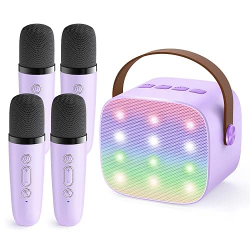 YLL Upgraded Mini Karaoke Machine with 4 Wireless Microphones Toy for Kids, Christmas Birthday Gifts for Girls Boys, Portable MP3 Player for Ages 3, 4, 5, 6, 7, 8, 9, 10, 12+ Year Old Party (Purple)