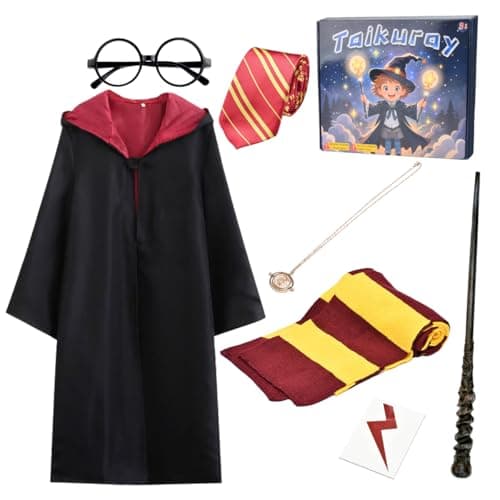 Taikuray Wizard Cosplay Costume Complete Props Accessories Gifts for Birthday Party Magic Robe Magic Wand Eyeglass Frame Knit Scarf Tie Necklace Set（4-6 years）