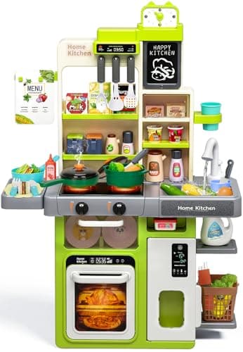 Kids Play Kitchen Set, Toddler Kitchen Playset with Sound & Light, Cooking Stove with Steam, Play Sink, Play Food Toy and Kitchen Accessories, Pretend Kitchen Toy for Kids Girls Boys 1-3