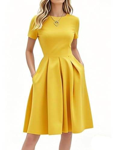 oxiuly Yellow Dresses for Women 2025 Summer Business Casual Office Work Professinal Classy Short Sleeve Pleates High Waist A Line Scope Neck Vintage Dress S253 Light Yellow S