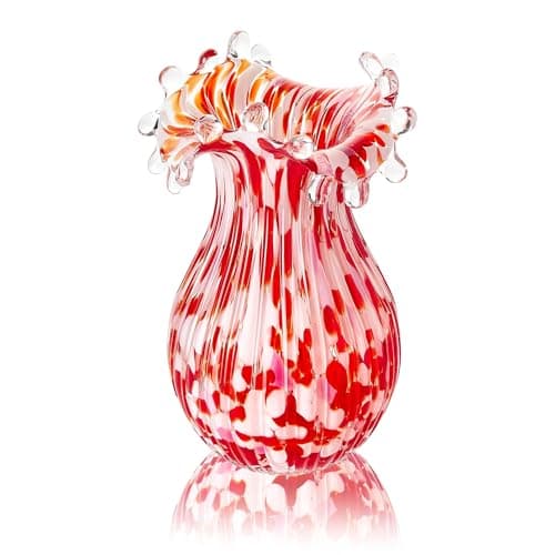 QFkris Hand Blown Glass Vase for Flowers, 8 Inch Red Crystal Bubble Flower Vases for Bouquet Home Decor Decorative Centerpieces, Unique for Mom, Valentine's Day Gift for Her Lover