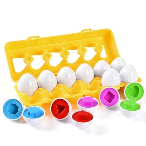 MAGIFIRE Toy Eggs for Toddlers 1-3 - 12 Matching Plastic Eggs, Medium, Assorted Colors & Shapes - Montessori Matching & Sorting Set STEM Educational