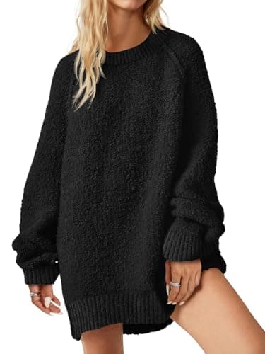 Saodimallsu Womens Oversized Sweater 2025 Fall Trendy Fuzzy Crew Neck Long Sleeve Casual Tunic Sweaters Black