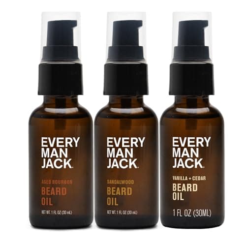 Every Man Jack Beard Oil Gift Set for Men – Full Size 3-pack - Sandalwood, Vanilla + Cedar & Aged Bourbon Scents – Softens Beard + Adds Shine - Naturally Derived w/Shea Butter – 1 fl oz (3 Pack)