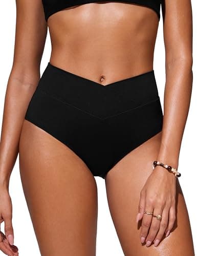 CRZ YOGA High Waisted V Cut Bikini Bottom for Women - Cross Front Bathing Swimsuit Full Coverage Swim Briefs Black Medium
