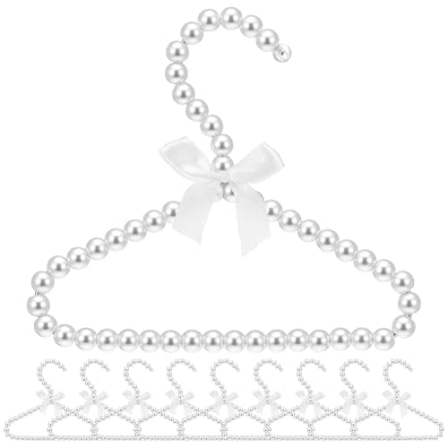 Kifmurase 10Pcs Pearl Beaded Clothes Hangers, Mini Pearl Beads Small Metal Clothes Hangers with Ribbon, Elegant Standard Hanger for Women Dog Cat (White)