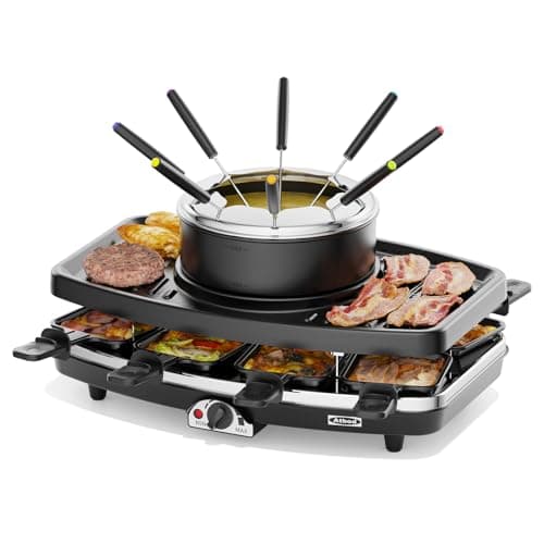 Electric Fondue Pot Sets, Electric lndoor Raclette Table Grill for 8 People, Adjustable Temperature Control and 8 Paddles, Perfect for Parties and Family Fun