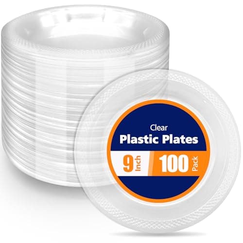 GRWJHUM 100 Count Clear Plastic Plates 9 Inch,Washable & Reusable，Dessert Plates Disposable,Cake Plates Disposable,Clear Plates For Party,Weddings and Events