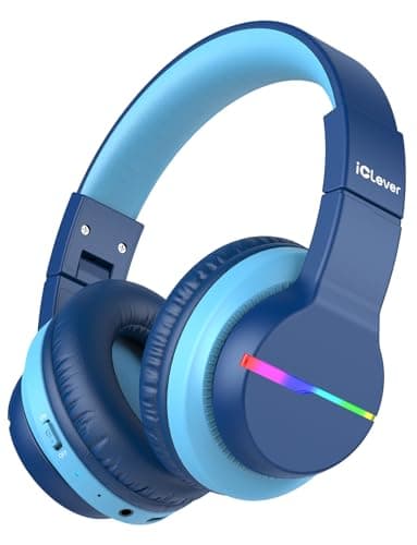 iClever BTH12 Kids Bluetooth Headphones,Colorful LED Lights Kids Headphones Wireless,74/85dBA Safe Volume,85H Playtime,Fast Charging,Bluetooth 5.2,Over Ear,Built-in Mic for iPad/Tablet/Airplane,Blue