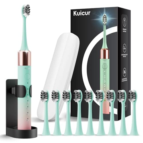 Kuicur Portable Electric Soft Toothbrush with Travel Case, 90-Day Largest Battery Life, 10 Brush Heads, 5 Modes Deep Clean, Ergonomically-Designed for Enhanced Comfort - Ideal Gift for Adults & Kids