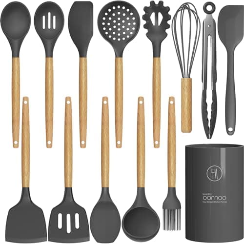 14 Pcs Silicone Cooking Utensils Kitchen Utensil Set - 446°F Heat Resistant,Turner Tongs, Spatula, Spoon, Brush, Whisk, Wooden Handle Gray Gadgets with Holder for Nonstick Cookware (BPA Free)