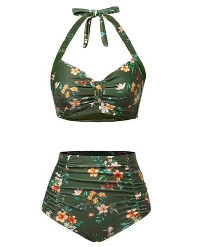 Holipick Green Flowers Women High Waisted Bikini Set Two Piece Swimsuit Tummy Control Bathing Suit Vintage Halter Swimwear M