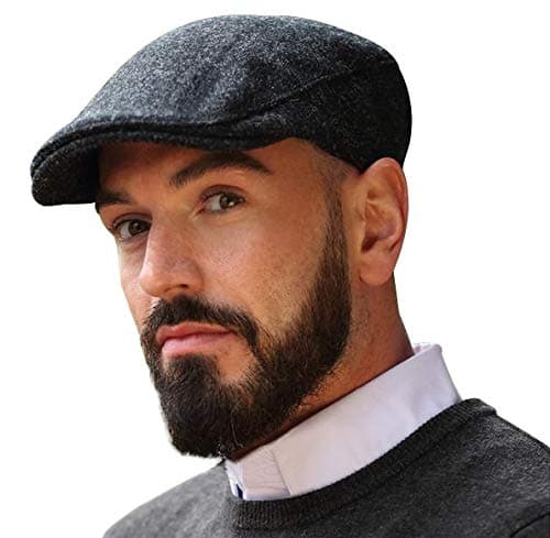 Hanna Hats of Donegal Touring Cap Irish Flat Cap for Men's Driving Cap Made in Ireland 100% Wool Tweed (Black & Charcoal Herringbone - Harris Scottish Tweed, X-Large)