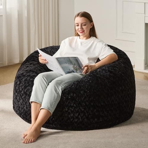 Hobestluk 3ft Bean Bag Chairs for Adults Large Beanbag Chair with Chevron Plush Fur Cover Big Bean Bag Chair for Living Room Bedroom Dorm Office - Black (36” x 36” x 22”)