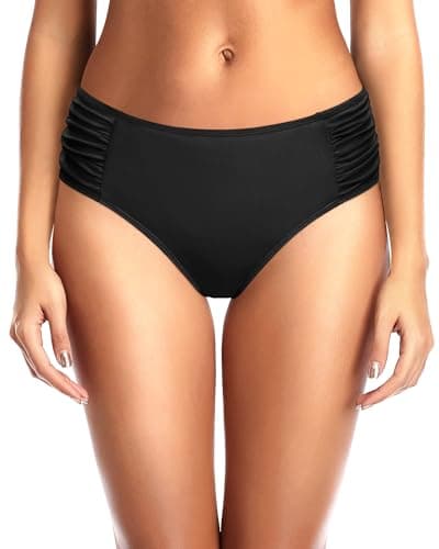 Tempt Me Women Black Bikini Bottoms Mid Waist Ruched Bathing Suit Swimsuit Full Coverage Swim Bottom M